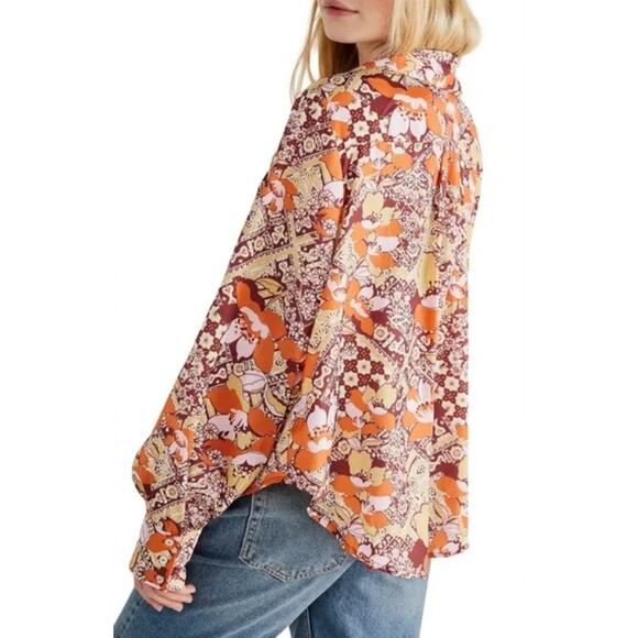 Free People Top Womens XS Satin Warm Tone Floral Print U-Neck Collared Blouse - Picture 2 of 13